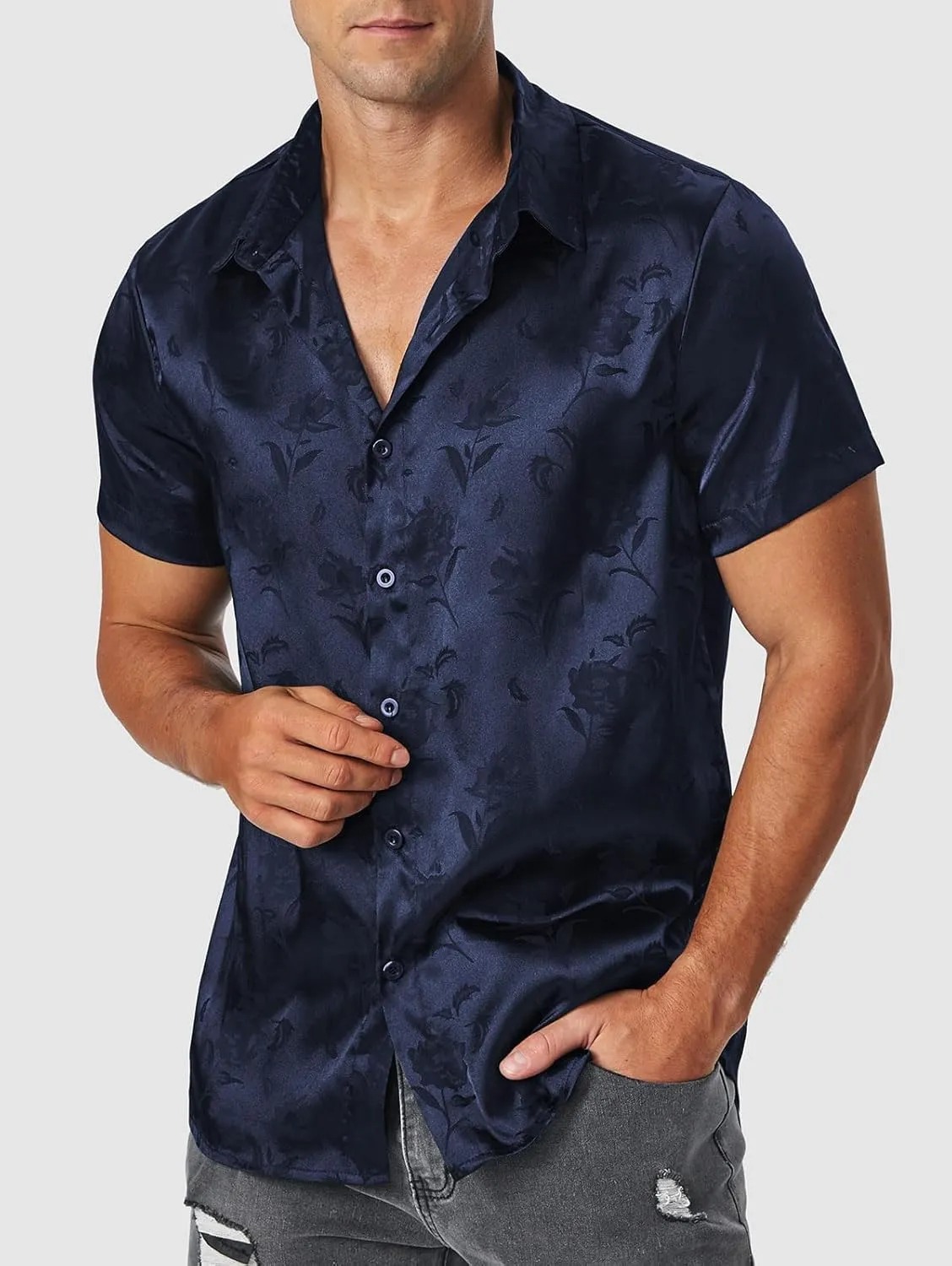 ZAFUL Mens Silky Satin Dress Shirt Short Sleeve Floral Print Jacquard Button Up Shirt Summer Holiday Party Fashion Shirt