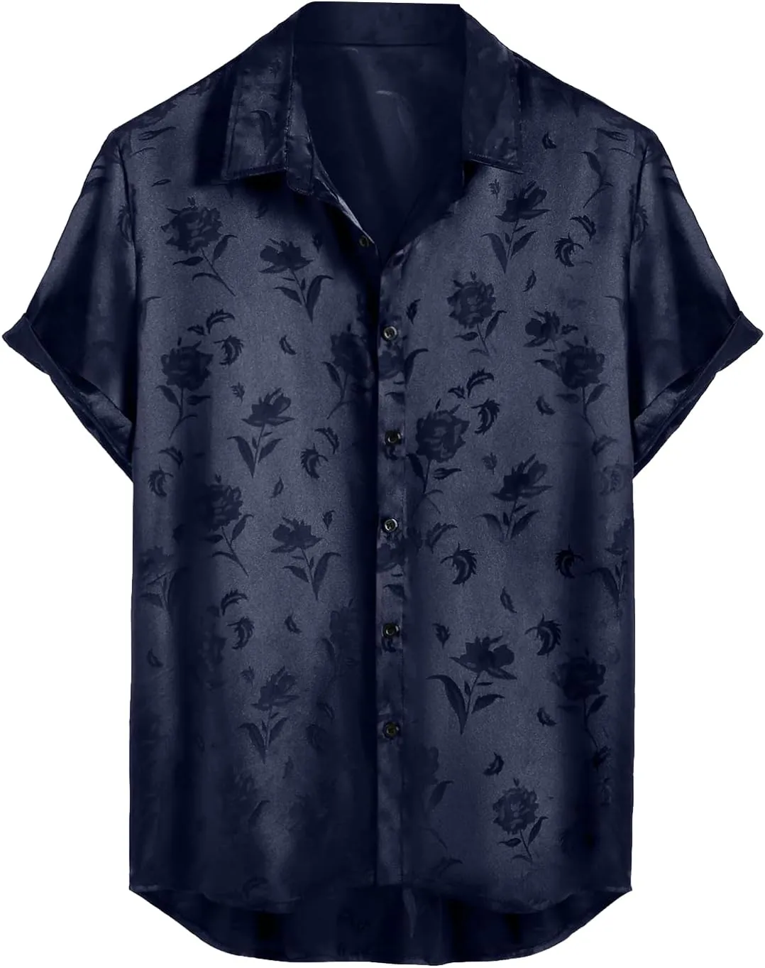 ZAFUL Mens Silky Satin Dress Shirt Short Sleeve Floral Print Jacquard Button Up Shirt Summer Holiday Party Fashion Shirt