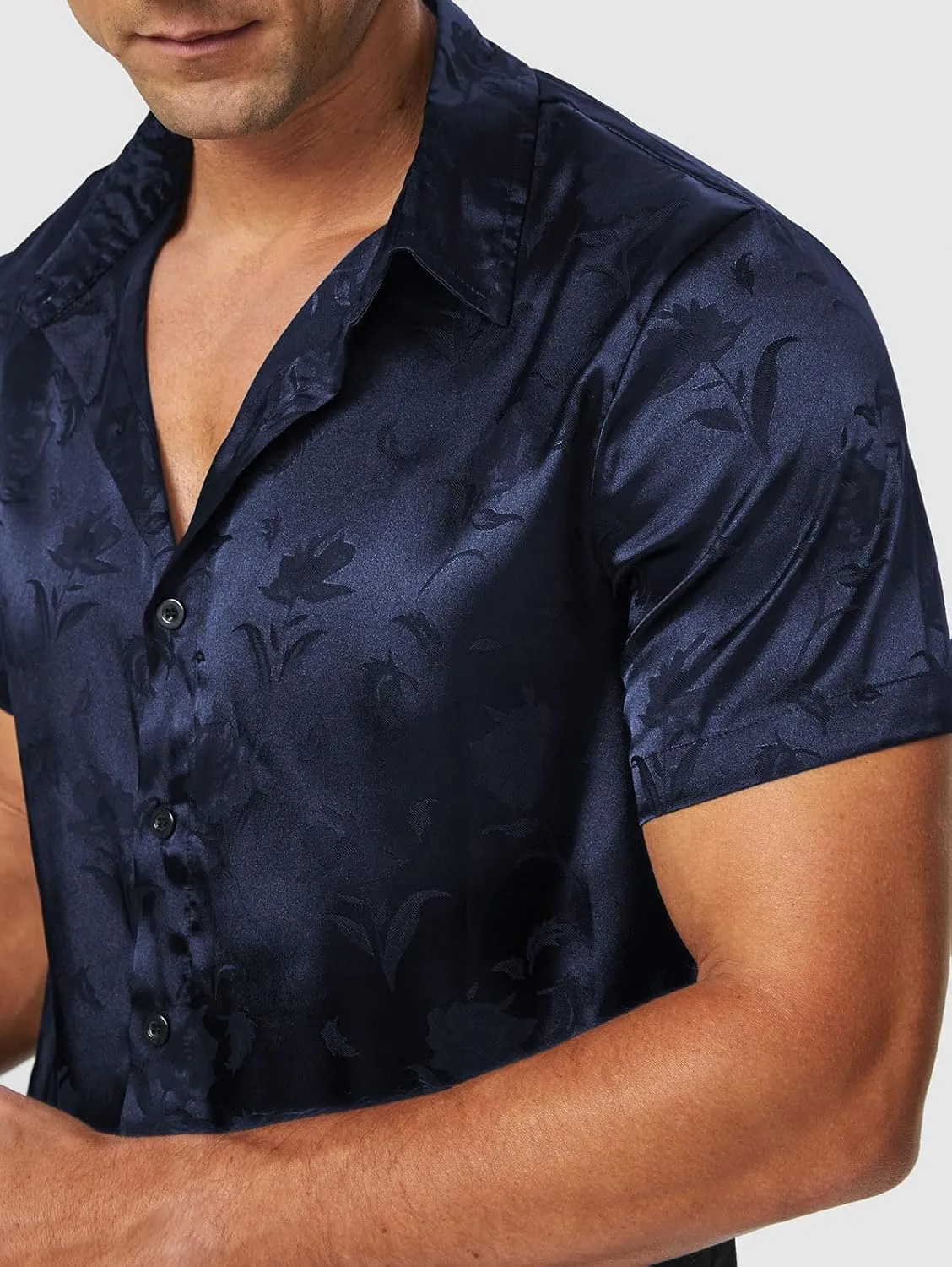 ZAFUL Mens Silky Satin Dress Shirt Short Sleeve Floral Print Jacquard Button Up Shirt Summer Holiday Party Fashion Shirt